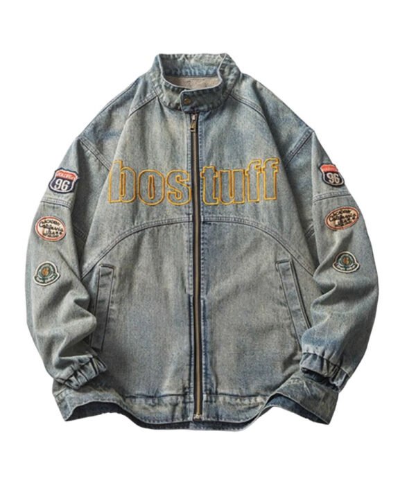 Men Mandarin Collar Washed Self Design Casual Denim Jacket