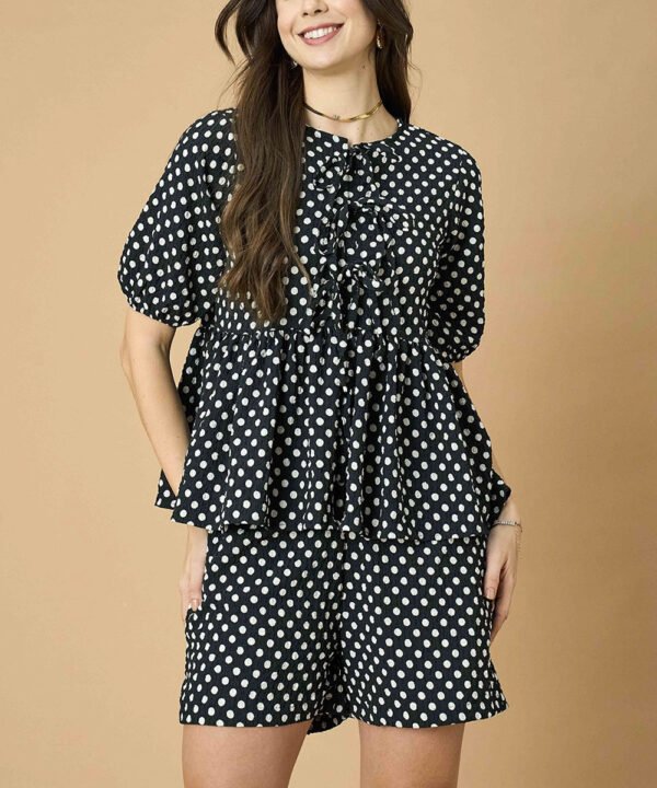 Polka Dots Printed Tie Up Neck Top With Short