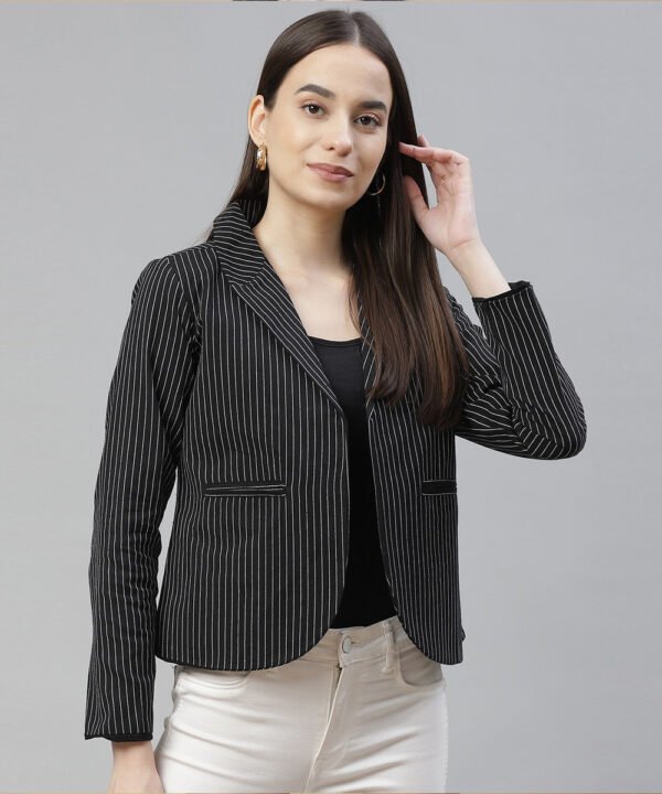 Women Black & White Striped Open Front Blazer